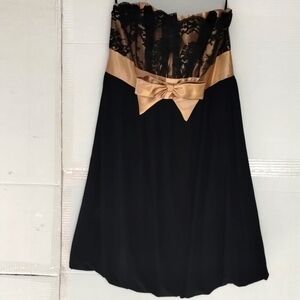 Jessica McLintock Gunne Sax gold black dress SZ 7 lace strapless lux old money